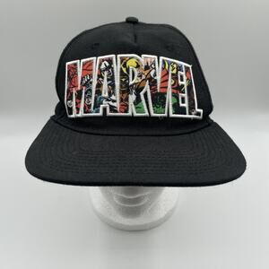 Marvel Avengers Comics Logo Flat Bill Snapback Cap Hat in Black